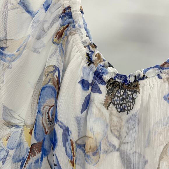 WHITE HOUSE BLACK MARKET White Blue Floral Off-Shoulder Beaded Boho Top Size XXS - Picture 8 of 16